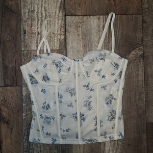 Blue Floral Mesh Lace Dollette Romantic Corset Top M Festival Coquette Feminine